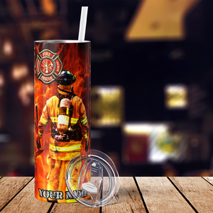 Personalized Split American Flag with Firefighter 20oz Skinny Tumbler