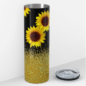 Sunflowers on Black with Gold Glitters 20oz Skinny Tumbler