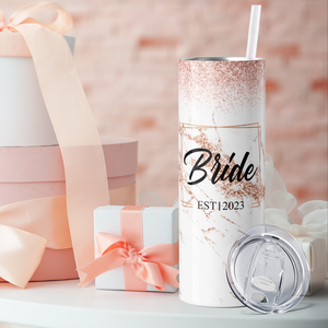 Personalized EST Year Bride on Rose Gold Glitters 20oz Skinny Tumbler