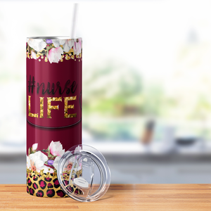 Nurse Life on Burgundy with Leopard Print 20oz Skinny Tumbler