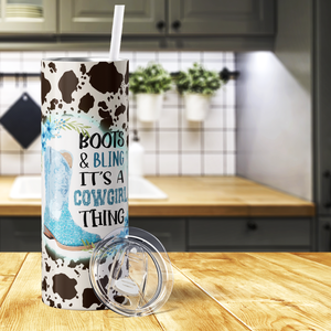 Boots and Bling It's a Cowgirl Thing Cowhide Pattern 20oz Skinny Tumbler