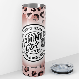 Country Girl Messy Bun Coffee Run on Pink Leopard Print 20oz Skinny Tumbler