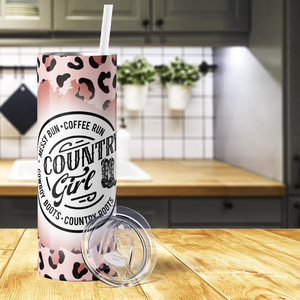 Country Girl Messy Bun Coffee Run on Pink Leopard Print 20oz Skinny Tumbler