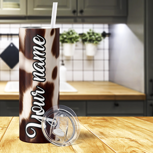 Personalized Cowgirl on Cowhide Print 20oz Skinny Tumbler