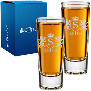 Personalized Heraldic Lions Shield Monogram 2oz Tall Shot Glass - Set of Two