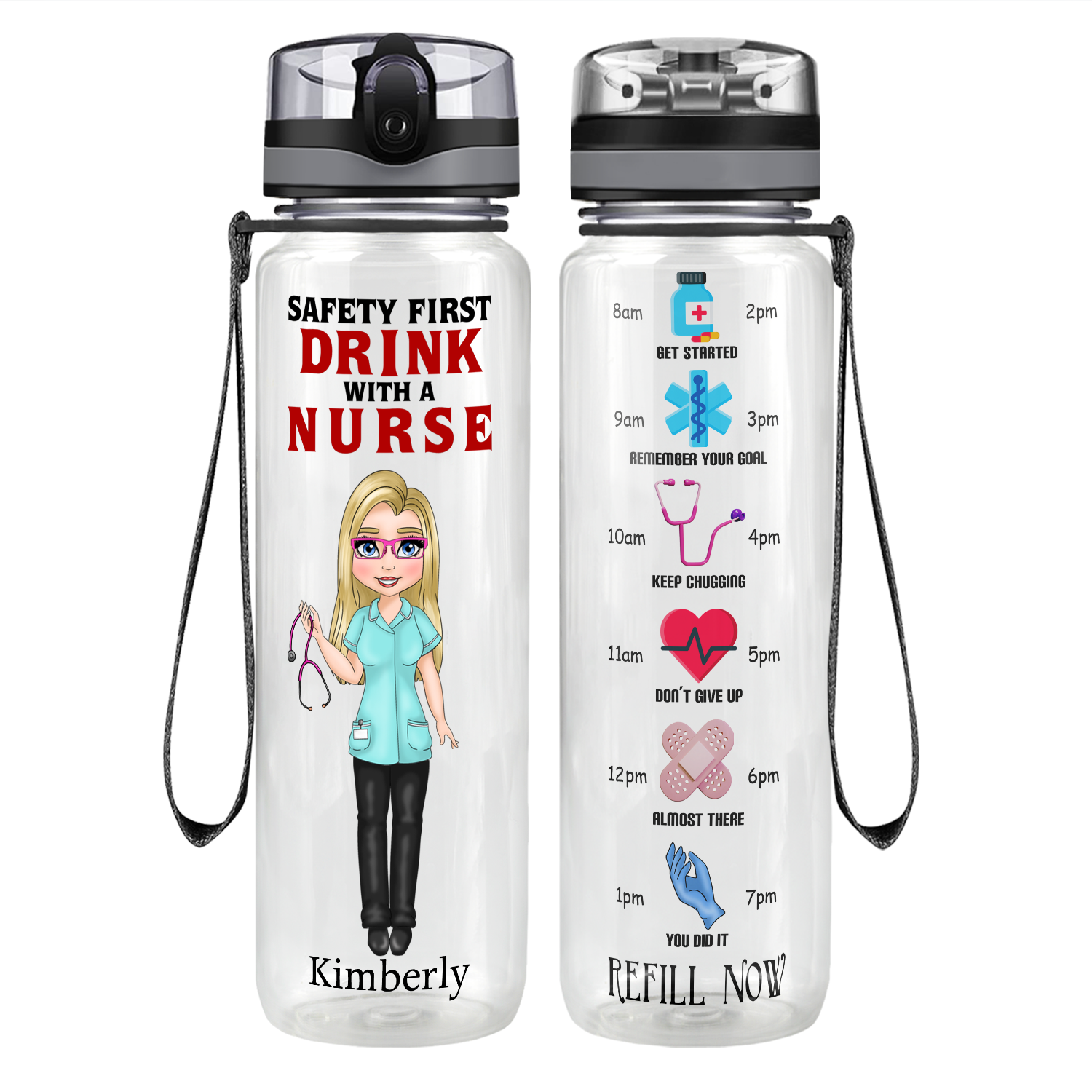 Personalized Drink with a Nurse on 32 oz Motivational Tracking Water Bottle