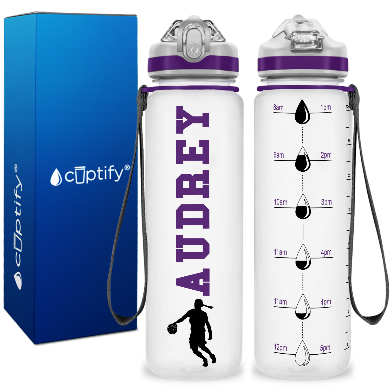 Personalized Female Basketball Player on 32 oz Motivational Tracking Water Bottle