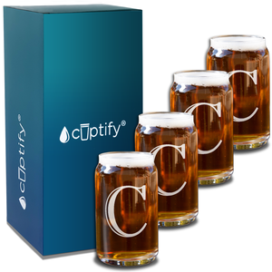 Monogram Initial Letter on 5 oz Beer Glass Can - Set of Four