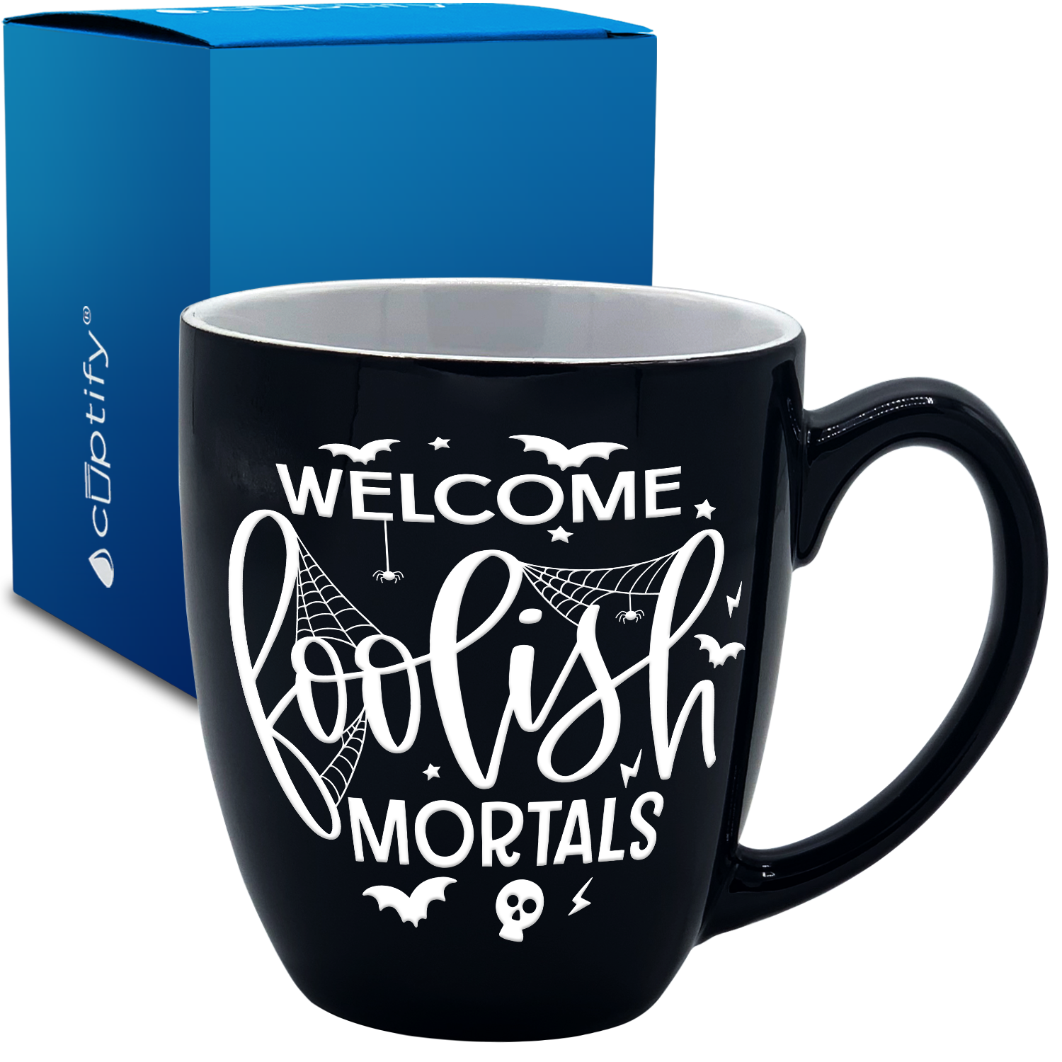 Welcome Foolish Mortals on Black 16oz Halloween Bistro Coffee Mug