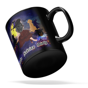 Personalized Flying Witches with Dog on 11oz Ceramic Black Coffee Mug
