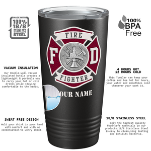 Personalized Red Fire Department Badge 20oz Black Firefighter Tumbler