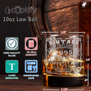 30th Birthday Gift Vintage Established 1995 Engraved on 10.25oz Old Fashion Glass