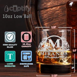 Personalized Elaborate Circle Monogram Laser Engraved on 10.25 oz Rocks Old Fashion Glass