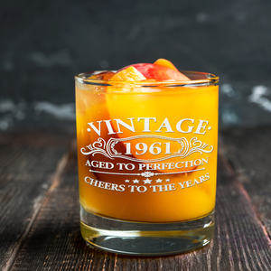 Vintage Aged To Perfection Cheers To 60 Years 1961 Laser Engraved on 10.25oz Old Fashion Glass