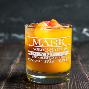 Personalized Name Year and Age Classic Happy Birthday Over The Hill 16 oz Glass Can