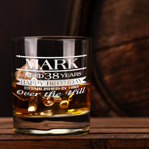 Personalized Name Year and Age Classic Happy Birthday Over The Hill 16 oz Glass Can