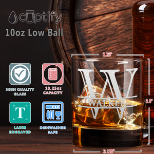 Initial Monogram with Name or Surname Etched on 10.25 oz Rocks Old Fashion Glass