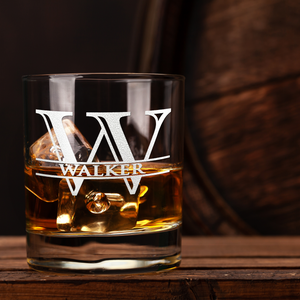Initial Monogram with Name or Surname Etched on 10.25 oz Rocks Old Fashion Glass