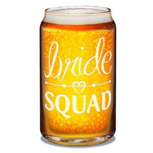 Bride Squad Heart Etched on 16 oz Beer Glass Can