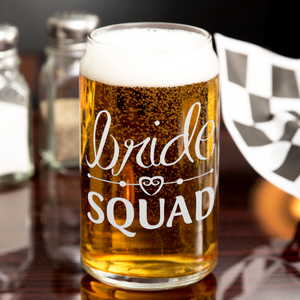 Bride Squad Heart Etched on 16 oz Beer Glass Can