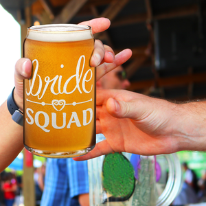 Bride Squad Heart Etched on 16 oz Beer Glass Can