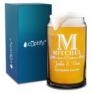 Personalized Monogram with Date Etched 16 oz Glass Can