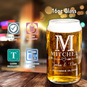 Personalized Monogram with Date Etched 16 oz Glass Can