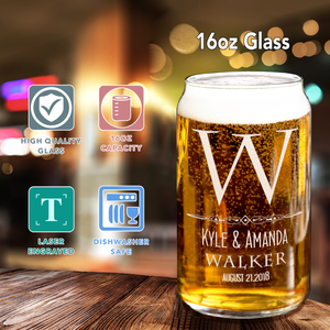 Personalized Classic Monogram Initial Date Etched 16 oz Glass Can