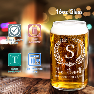 Personalized Crest Monogram Initial and Surname Anniversary Date Etched 16 oz Glass Can