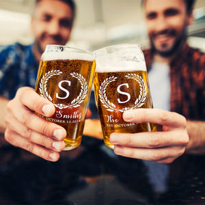 Personalized Crest Monogram Initial and Surname Anniversary Date Etched 16 oz Glass Can