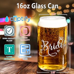 Bride Hearts Etched on 16 oz Beer Glass Can