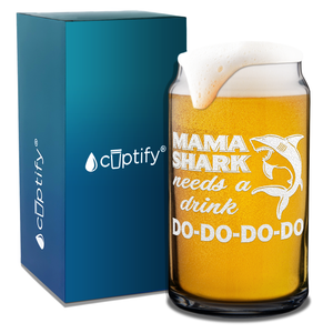 Mama Shark Needs A Drink Etched on 16 oz Beer Glass Can