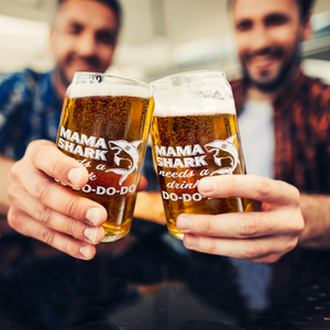 Mama Shark Needs A Drink Etched on 16 oz Beer Glass Can