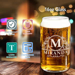 Personalized Elaborate Circle Monogram 16oz Glass Can