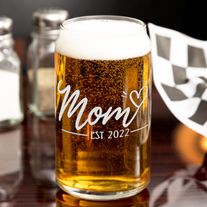 Mom Est 2022 Etched on 16 oz Beer Glass Can