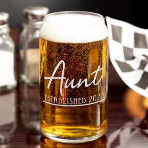 Aunt Established 2022 Etched on 16 oz Beer Glass Can