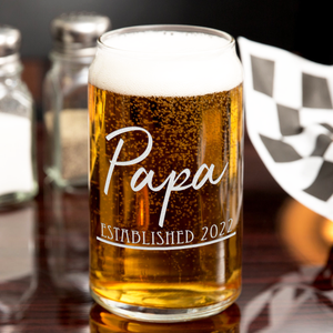 Papa Established 2022 Etched on 16 oz Beer Glass Can