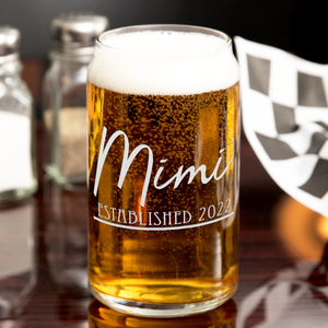 Mimi Established 2022 Etched on 16 oz Beer Glass Can