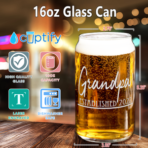 Grandpa Established 2022 Etched on 16 oz Beer Glass Can