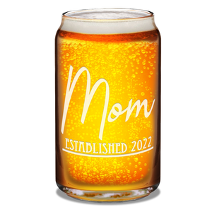 Mom Established 2022 Etched on 16 oz Beer Glass Can