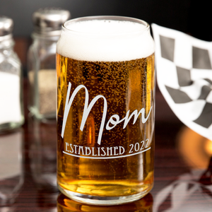 Mom Established 2022 Etched on 16 oz Beer Glass Can