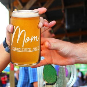 Mom Established 2022 Etched on 16 oz Beer Glass Can