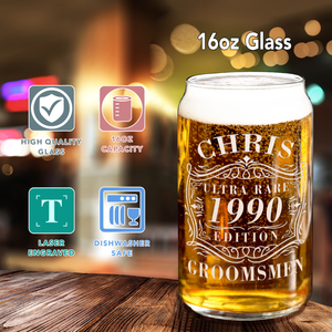 Personalized Ultra Rare Edition Groomsmen Etched 16 oz Glass Can