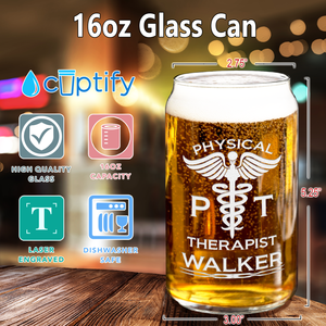 Personalized PT Physical Therapist Etched 16 oz Beer Glass Can