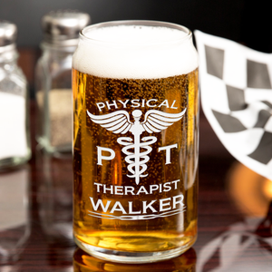 Personalized PT Physical Therapist Etched 16 oz Beer Glass Can