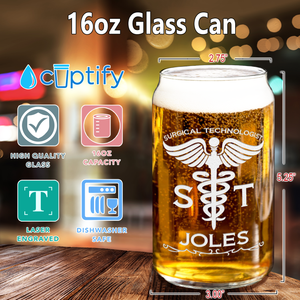 Personalized ST Surgical Technologist Etched 16 oz Beer Glass Can