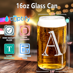 Monogram Initial Letter A Etched on 16 oz Beer Glass Can
