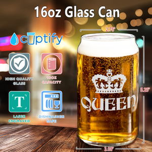 Queen Crown Etched on 16 oz Beer Glass Can