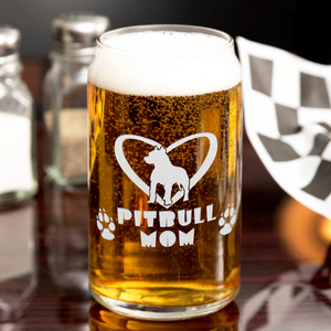 Pitbull Mom Etched on 16 oz Beer Glass Can