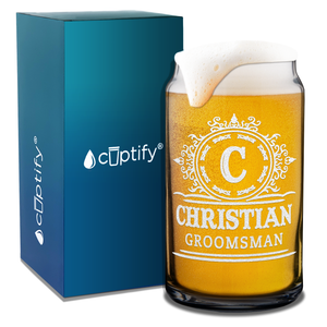 Personalized Groomsman Initial Etched on 16 oz Beer Glass Can